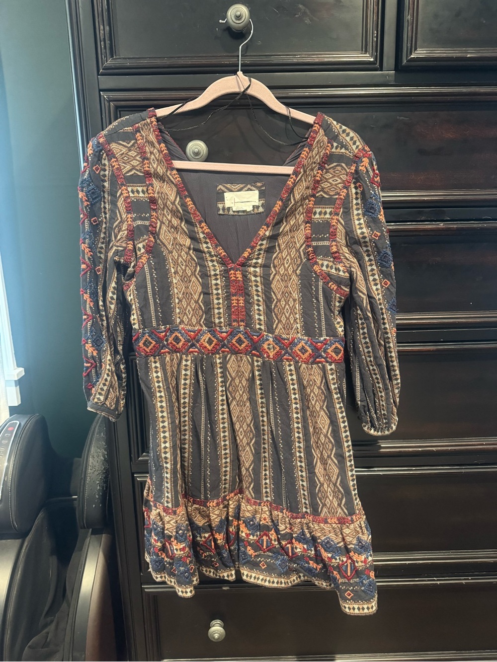 Anthropologie Patterned Mini Dress in Navy, Red, Cream